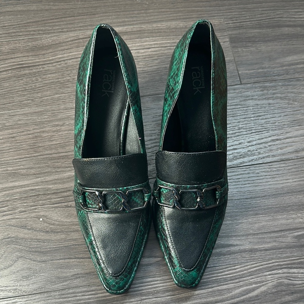 Nordstrom Green and Black Loafers with Metal Detail